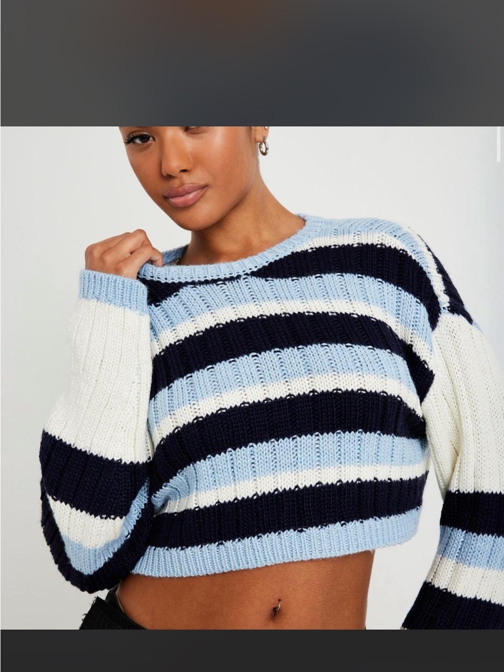 Garage Striped Cropped Crewneck Sweater - Light Blue, Navy & White